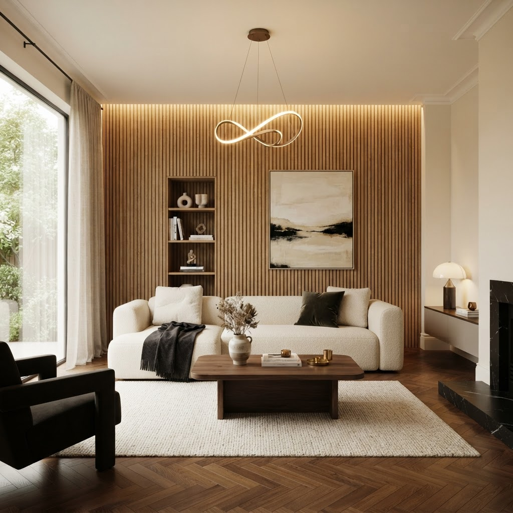 Modern interior finished with premium wall panels and materials from The Urban Sales